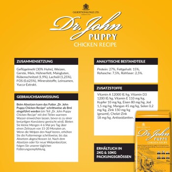 Dr. John Welpen-Hühnchen-Rezept Haustierfutterverpackung, mit Zutaten, Nährwertanalyse und Fütterungshinweisen auf Deutsch.