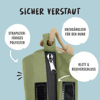 Grüne Haustieraufbewahrungstasche mit Reißverschluss, beschriftet: "Sicher verstaut," "strapazierfähiges Polyester," "unzugänglich für den Hund," "Klett & Reißverschluss."
