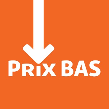 Flèche blanche pointant vers le bas au-dessus du texte « PRIX BAS » sur un fond orange, indiquant des prix bas.