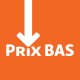 Flèche blanche pointant vers le bas au-dessus du texte « PRIX BAS » sur un fond orange, indiquant des prix bas.