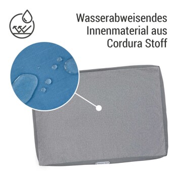 Nahaufnahme von Wassertropfen auf einem wasserabweisenden Cordura-Hundebett mit dem Text "Wasserabweisendes Innenmaterial aus Cordura Stoff."