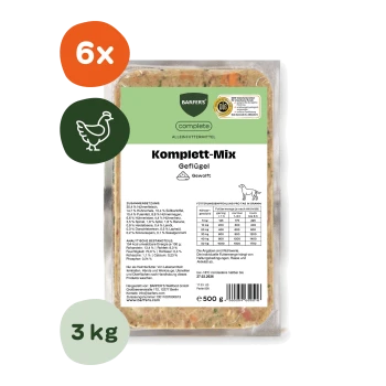 Schale BARFER'S Tierfutter mit Aufschrift 'Komplett-Mix Geflügel' zeigt '6x', grünes Hähnchen-Symbol, '3 kg'-Abzeichen und '500 g'-Text