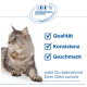 Grau-langhaarige Katze links; blauer Badge 100% Zufriedenheit; Checkliste: Qualität, Konsistenz, Geschmack; Geld zurück.