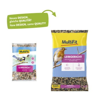 Un sac de nourriture pour oiseaux MultiFit présentant une mésange bleue et un petit oiseau sur une branche, étiqueté "LEIBGERICHT" avec un poids de "1 kg."