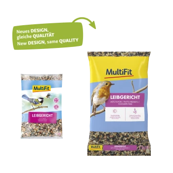 A bag of MultiFit bird feed featuring a blue tit and a small bird on a branch, labeled "LEIBGERICHT" with "1 kg" weight.