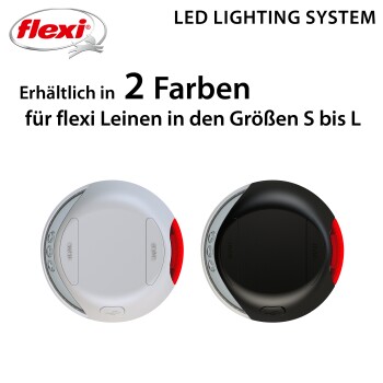 LED-Beleuchtungssystem für Flexi-Leinen, erhältlich in zwei Farben, geeignet für die Größen S bis L.
