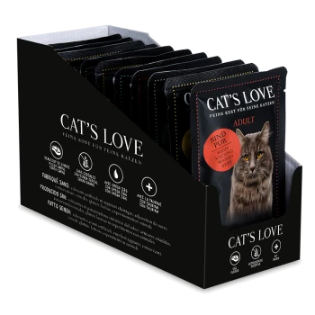Katzenfutter-Displaybox von Cat's Love mit Beuteln, die mit "Erwachsene" beschriftet sind und ein Katzenbild zeigen, das Rindfleischgeschmack und gesundheitliche Vorteile hervorhebt.