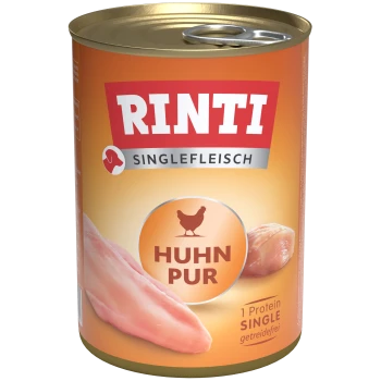 Dosenfutter für Hunde, beschriftet mit "Rinti Singlefleisch" mit Hühnergeschmack, mit einer Hühnergrafik und dem Text "Huhn Pur", getreidefrei.