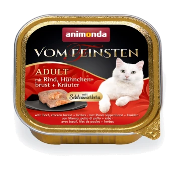 Verpackung für Nasskatzenfutter mit "Animonda Vom Feinsten Adult" mit Rindfleisch, Hähnchenbrust und Kräutern. Der Text enthält "mit Schlemmertkern."