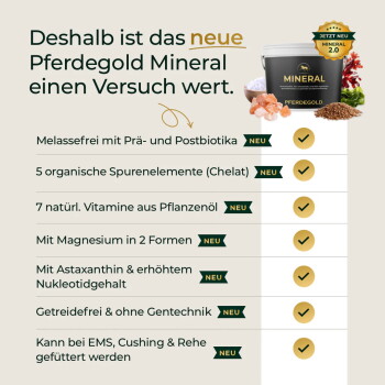 Produktwerbung: Pferdegold Mineral-Dose mit der Überschrift 'Neues Pferdegold Mineral – einen Versuch wert' und einer deutschen Checkliste mit Vorteilen.