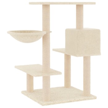Ein beiger Katzenbaum mit mehreren Ebenen, einschließlich einer schalenförmigen Aussichtsplattform, einem würfelförmigen Versteck und zwei flachen Plattformen zum Klettern und Ausruhen.