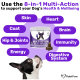 Dog looking up at NutriPaw 8-in-1 Multi-Action dog treats supporting skin, coat, hip & joints, energy, heart, brain, immunity, digestive system.