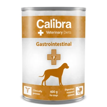 Calibra Veterinary Diets Gastrointestinal-Dosenfutter für Hunde, 400 g, mit einem veterinärmedizinischen Symbol und Ansprüchen auf klinische Nachweise und Unterstützung der Verdauung.
