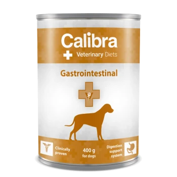 Calibra Veterinary Diets Gastrointestinal-Dosenfutter für Hunde, 400 g, mit einem veterinärmedizinischen Symbol und Ansprüchen auf klinische Nachweise und Unterstützung der Verdauung.
