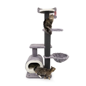Ein grauer Katzenbaum mit einer Höhle, einer Hängematte und Plattformen; eine flauschige Katze sitzt oben, während eine getigerte Katze die Basis erkundet.
