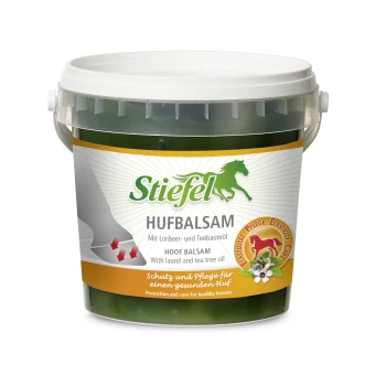 Stiefel Hufbalsam-Behälter mit grünem Etikett, Pferdelogo und dem Text: "Mit Lorbeer- und Teebaumöl" für gesunde Hufe.