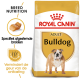 Royal Canin Bulldog Adult hondenvoer zak met een afbeelding van een bulldog, met tekst die de ras-specifieke voeding en verminderde ontlasting geur benadrukt.