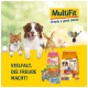 Bild von verschiedenen Haustieren, darunter eine Katze, ein Hund, ein Kaninchen und ein Vogel, mit MultiFit-Hundefutterprodukten. Der Text lautet "VIELFALT, DIE FREUDE MACHT!"