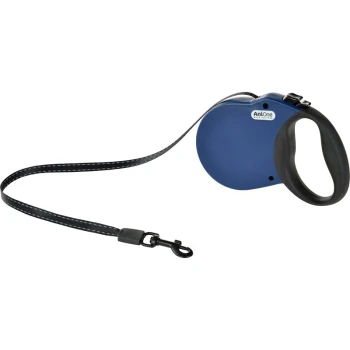 Laisse à enrouleur Soft bleu XS Une laisse rétractable bleue pour chien avec une sangle noire et un clip, présentant une poignée confortable.