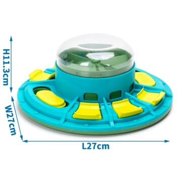 Interaktives Haustierspielzeug in Form eines UFOs, mit einer transparenten Kuppel und bunten Tasten, 27 cm lang und 11,3 cm hoch.