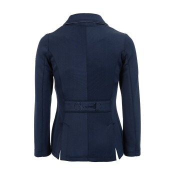 Navy-blaues Haustierjackett mit passgenauer Form, mit einem dekorativen Gürtel und seitlichen Schlitzen, von hinten gezeigt.