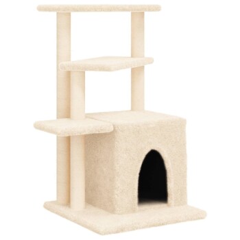 Katzenbaum mit drei Plattformen und einem gemütlichen Versteck, bedeckt mit weichem beigen Stoff.