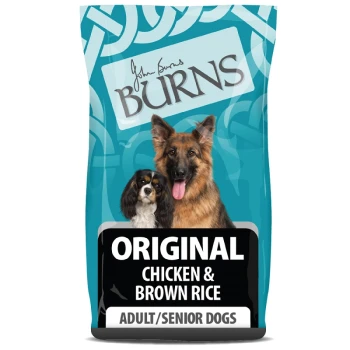 Dog food bag labeled "Burns Original Chicken & Brown Rice" for adult/senior dogs, with images of a German Shepherd and Cavalier Spaniel.