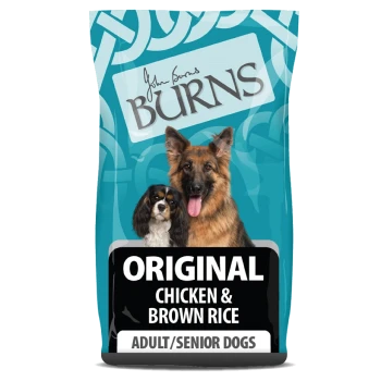 Dog food bag labeled "Burns Original Chicken & Brown Rice" for adult/senior dogs, with images of a German Shepherd and Cavalier Spaniel.