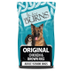 Dog food bag labeled "Burns Original Chicken & Brown Rice" for adult/senior dogs, with images of a German Shepherd and Cavalier Spaniel.