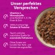 Nassfutter in Schale mit deutscher Überschrift 'Unser perfektes Versprechen', die Vitamine, Proteine, Taurin und keine künstlichen Zusatzstoffe auflistet