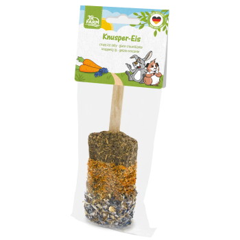 JR Farm Knusper-Eis, knuspriges Eis am Stiel für Kleintiere auf Holzstiel; Verpackung zeigt Karotten sowie einen Cartoon-Hasen und Hamster