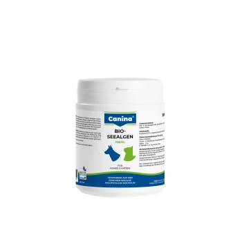 Seealgenmehl 250 g Canina Bio-Seelagen Mehl für Haustiere in einem weißen Behälter mit blauen und grünen Akzenten, zeigt Nährwertinformationen und Fütterungshinweise.