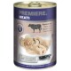 Boîte de nourriture pour chiens Premiere Meati avec de la tripes de bœuf pur, avec un couteau étiqueté "pour les amateurs de viande" et du texte en plusieurs langues.