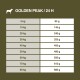Table montrant les directives d'alimentation quotidiennes pour la nourriture pour chiens "Golden Peak" en fonction du poids du chien, allant de 5 kg à 80 kg.
