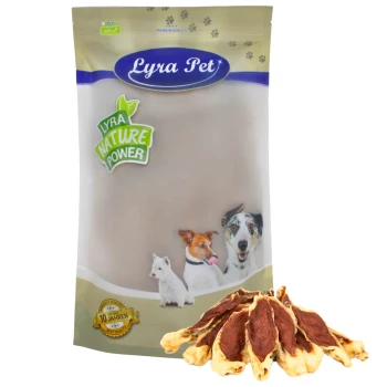 Lyra Pet Hundeleckerlis Verpackung mit einem hellen Beutel, der Bilder eines Hundes, einer Katze und eines Welpen zeigt, beschriftet mit "Lyra Nature Power."