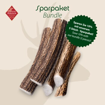 Bündel von fünf natürlichen Hundekauartikeln aus Geweih, mit einem Text, der einen 10% Rabatt auf den Kauf bewirbt.