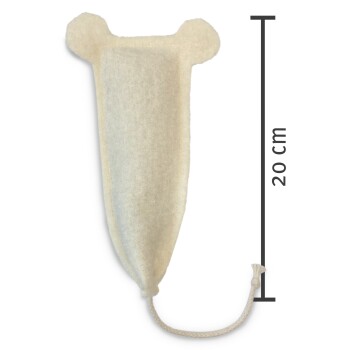 Ein 20 cm langes, cremefarbenes Haustier-Spielzeug mit Bärenohren und einem Kordelzug am Boden, entworfen für verspielte Haustiere.
