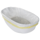 Een witte kattenbak bekleed met een doorzichtige plastic zak, gevuld met grijze kattenbakvulling.