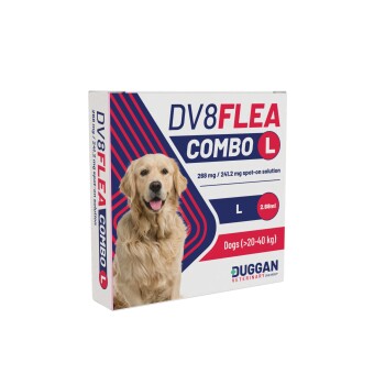 Box of DV8FLEA COMBO L spot-on flea treatment for dogs (>20–40 kg), 2.68 ml, Duggan Veterinary, with golden retriever photo.