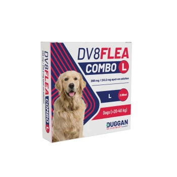 Box of DV8FLEA COMBO L spot-on flea treatment for dogs (>20–40 kg), 2.68 ml, Duggan Veterinary, with golden retriever photo.