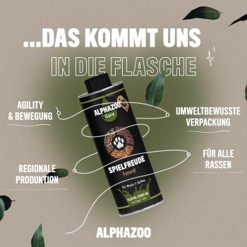 Flasche ALPHAZOO Care "SpielFreude" Haustieröl, mit Text über Agilität, regionale Produktion, umweltfreundliche Verpackung und Eignung für alle Rassen.