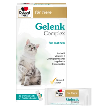 Doppelherz 'für Tiere' Gelenk Complex für Katzen-Schachtel mit getigerter Katze; sichtbarer Text: Lachsöl, Vitamin E, Grünlippmuschel