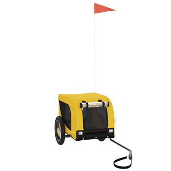 Gelber Tieranhänger mit einem Netz vorne, zwei Rädern und einer roten Sicherheitsflagge, entworfen zum Transport von Haustieren.
