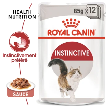 Pochette de nourriture pour chats Royal Canin Instinctive, 85g x 12, avec une illustration de chat et le texte "Health Nutrition" et "Instinctivement préféré."