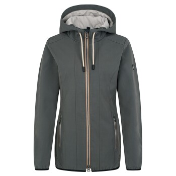 Eine stilvolle graue Jacke mit Kapuze, mit einem Frontreißverschluss und zwei Seitentaschen, vor einem weißen Hintergrund präsentiert.