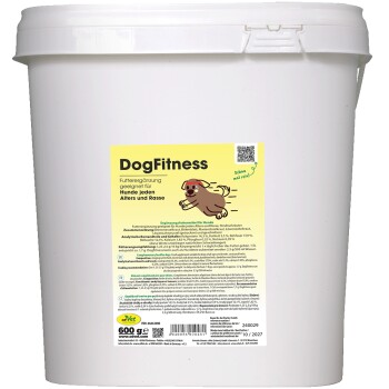 Weißer Kunststoffbehälter mit der Aufschrift 'cdVet Dogfitness' für Hundefutterergänzungen, enthält 600g, mit Nährwertangaben auf der Rückseite.