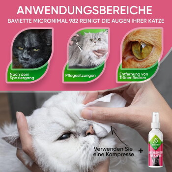 Hände wischen mit einem Kompress das Auge einer weißen Katze; Flasche mit der Aufschrift 'Baviette Augenreiniger' und dem Text 'ANWENDUNGSBEREICHE'