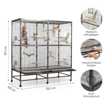 Großer Vogelkäfig mit den Abmessungen 150 cm x 65 cm x 161 cm, mit mehreren Sitzstangen, Spielzeugen und leicht zugänglichen Türen.