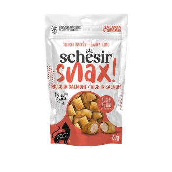 White bag of Schesir Snax salmon pet snacks - Ricco in Salmone / Rich in Salmon, Added Taurine & Vitamins, 60g