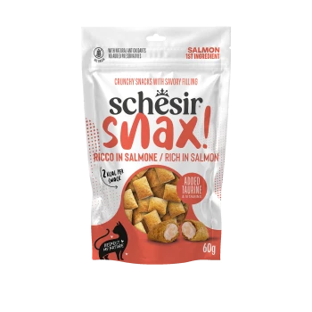White bag of Schesir Snax salmon pet snacks - Ricco in Salmone / Rich in Salmon, Added Taurine & Vitamins, 60g